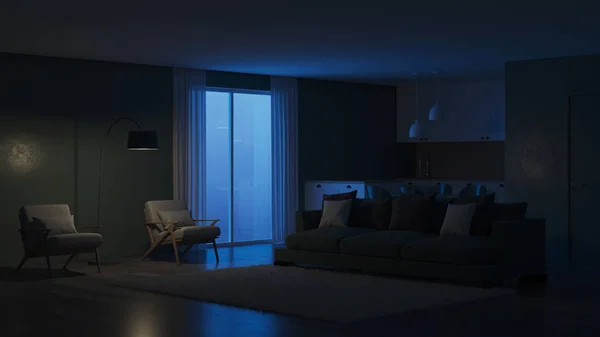 现代房屋内饰 室内绿色 晚间照明 — 图库照片