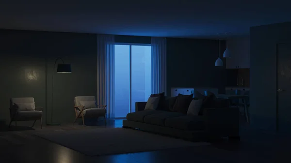 Μοντέρνο Εσωτερικό Σπίτι Πράσινο Χρώμα Στο Εσωτερικό Νύχτα Βραδινής Φωτισμού — Φωτογραφία Αρχείου