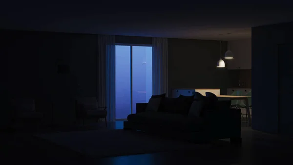 Interior Casa Moderna Cor Verde Interior Boa Noite Iluminação Nocturna — Fotografia de Stock