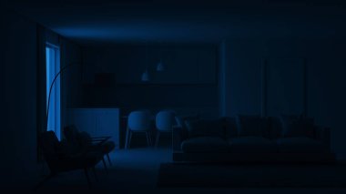 Modern ev iç. İyi geceler. Akşam aydınlatma. 3D render.