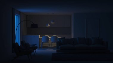 Modern ev iç. İyi geceler. Akşam aydınlatma. 3D render.