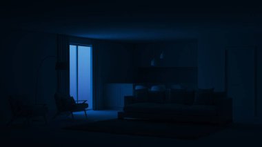 Modern ev iç. İyi geceler. Akşam aydınlatma. 3D render.