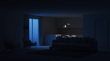 Modern ev iç. İyi geceler. Akşam aydınlatma. 3D render.