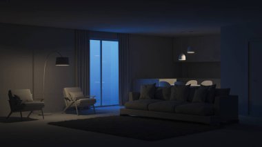 Modern ev iç. İyi geceler. Akşam aydınlatma. 3D render.