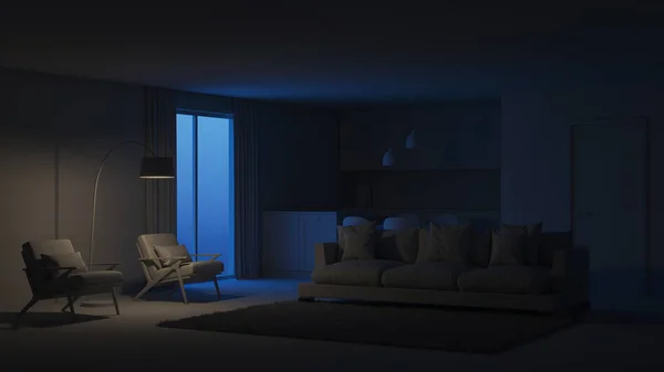 Moderna Hus Invändigt Natt Kvällen Belysning Rendering — Stockfoto