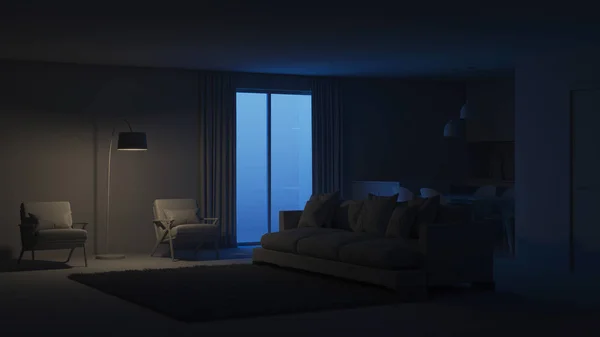 Modern House Interior Night Evening Lighting Rendering — Stock Photo, Image