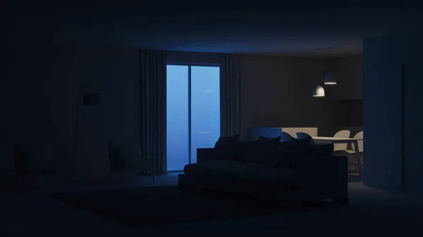 Современный Интерьер Дома Спокойной Ночи Вечернее Освещение Рендеринг — стоковое фото