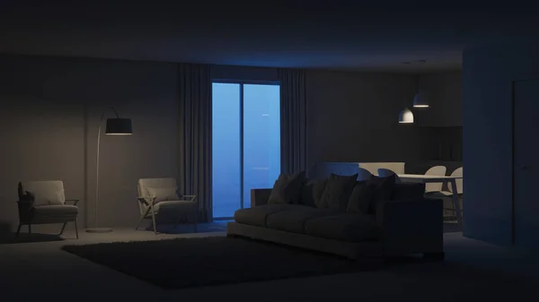 Modern Huis Interieur Nacht Avonds Verlichting Rendering — Stockfoto