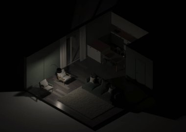 Modern ev iç. Orthogonal projeksiyon. Yukarıdan görüntüleyin. 3D render.