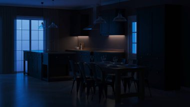 Modern ev iç. Siyah mutfaklı iç mekan. Gece. Akşam Aydınlatması. 3d render.