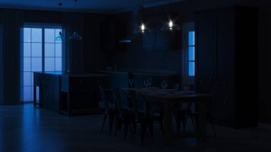 Modern ev iç. Siyah mutfaklı iç mekan. Gece. Akşam Aydınlatması. 3d render.