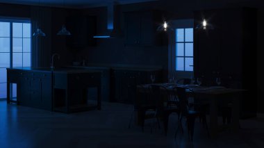 Modern ev iç. Siyah mutfaklı iç mekan. Gece. Akşam Aydınlatması. 3d render.