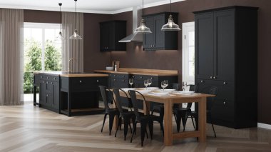 Modern ev iç. Siyah mutfaklı iç mekan. 3d render.