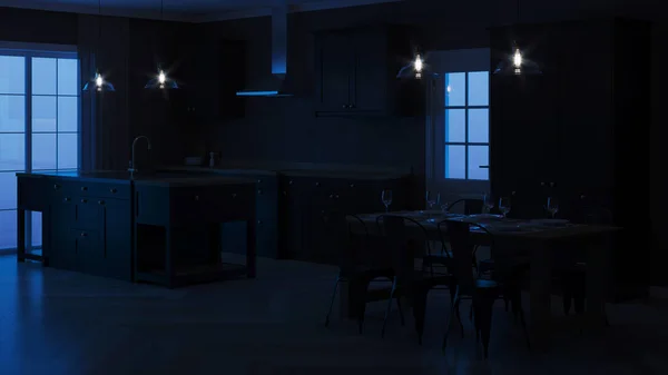 Interior Casa Moderna Interior Con Cocina Negra Buenas Noches Iluminación —  Fotos de Stock