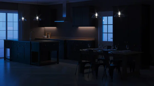 Interni Casa Moderna Interno Con Cucina Nera Buonanotte Illuminazione Serale — Foto Stock