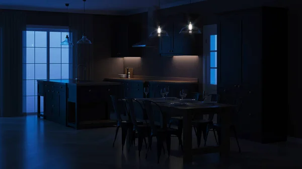 Modern house interior. Interior with black kitchen. Night. Evening lighting. 3D rendering.