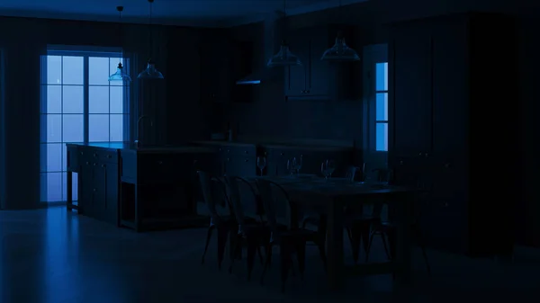 Nowoczesne Wnętrze Domu Wnętrze Czarną Kuchnią Noc Wieczorne Oświetlenie Renderowanie — Zdjęcie stockowe