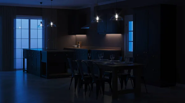 Modern House Interior Interior Black Kitchen Night Evening Lighting Rendering — Stock Photo, Image