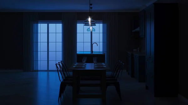 现代房屋内饰 室内带黑色厨房 晚间照明 — 图库照片