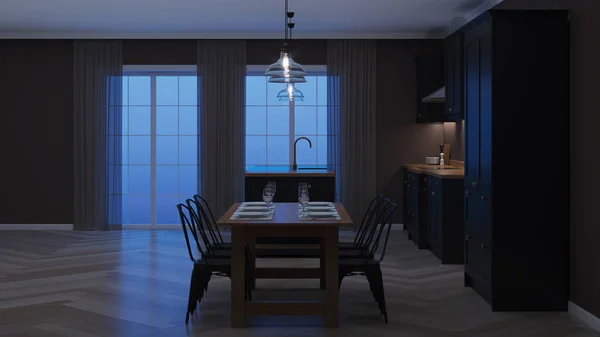 Modern House Interior Interior Black Kitchen Night Evening Lighting Rendering — Stock Photo, Image