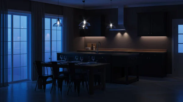 Interni Casa Moderna Interno Con Cucina Nera Buonanotte Illuminazione Serale — Foto Stock