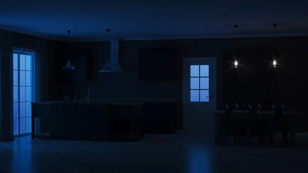 Moderne Hauseinrichtung Innenraum Mit Schwarzer Küche Nacht Abendbeleuchtung Darstellung — Stockfoto
