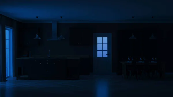 现代房屋内饰 室内带黑色厨房 晚间照明 — 图库照片