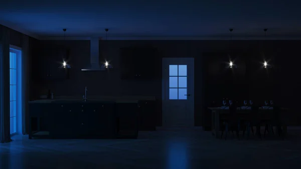 Interior Casa Moderna Interior Con Cocina Negra Buenas Noches Iluminación — Foto de Stock