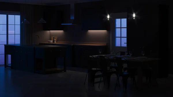 Intérieur Maison Moderne Intérieur Avec Cuisine Noire Bonne Nuit Eclairage — Photo
