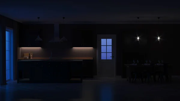 Μοντέρνο Εσωτερικό Σπίτι Εσωτερικό Μαύρη Κουζίνα Νύχτα Βραδινής Φωτισμού Απόδοση — Φωτογραφία Αρχείου