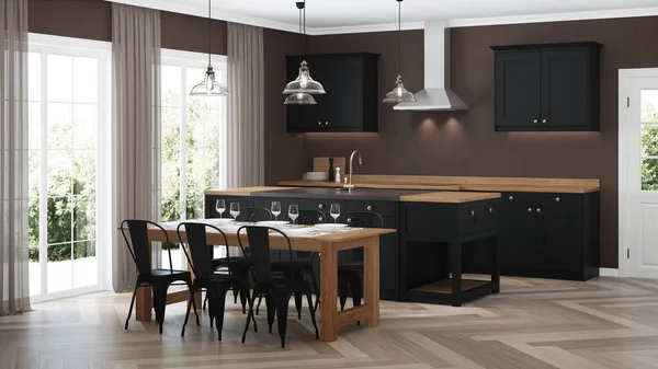 Moderne Hauseinrichtung Innenraum Mit Schwarzer Küche Darstellung — Stockfoto