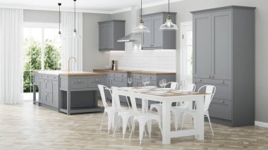 Modern ev iç. Gri mutfaklı iç mekan. 3d render.
