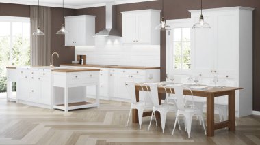 Modern ev iç. Beyaz mutfaklı iç mekan. 3d render.