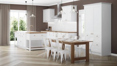 Modern ev iç. Beyaz mutfaklı iç mekan. 3d render.