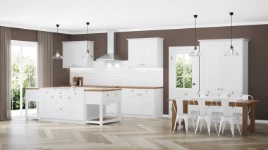 Modern ev iç. Beyaz mutfaklı iç mekan. 3d render.