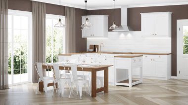 Modern ev iç. Beyaz mutfaklı iç mekan. 3d render.