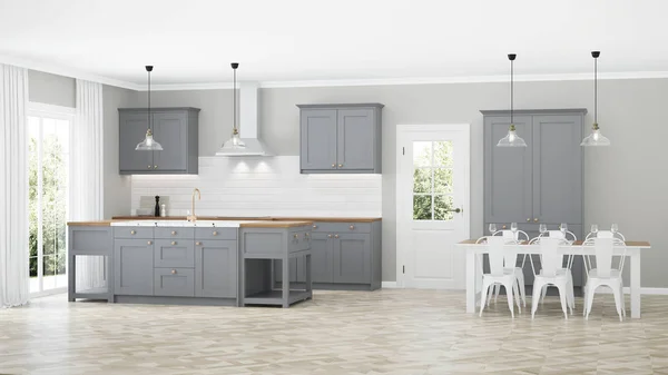 Moderne Hauseinrichtung Innenraum Mit Grauer Küche Darstellung — Stockfoto