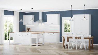 Modern ev iç. Beyaz mutfaklı iç mekan. 3d render.