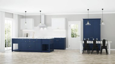 Modern ev iç. Mavi mutfaklı iç mekan. 3d render.