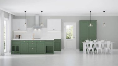 Modern ev iç. Yeşil mutfaklı iç mekan. 3d render.