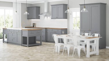 Modern ev iç. Gri mutfaklı iç mekan. 3d render.