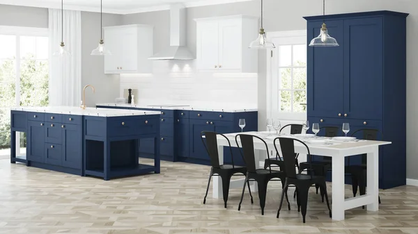 Moderne Hauseinrichtung Innenraum Mit Blauer Küche Darstellung — Stockfoto