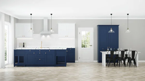 Moderne Hauseinrichtung Innenraum Mit Blauer Küche Darstellung — Stockfoto