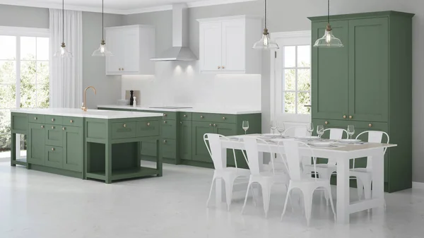 Modern house interior. Interior with green kitchen. 3D rendering.