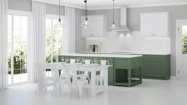 Interni Casa Moderna Interno Con Cucina Verde Rendering — Foto Stock