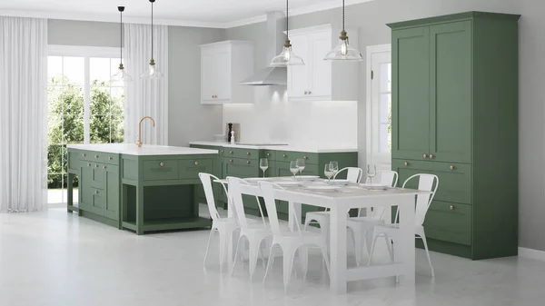 Interior Casa Moderna Interior Com Cozinha Verde Renderização — Fotografia de Stock