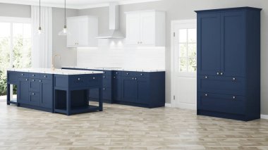 Modern ev iç. Mavi mutfaklı iç mekan. 3d render.