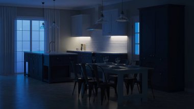 Modern ev iç. İyi geceler. Akşam aydınlatma. 3D render.