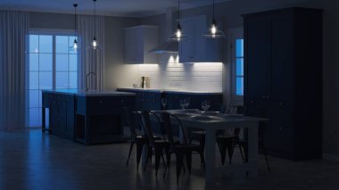 Modern ev iç. İyi geceler. Akşam aydınlatma. 3D render.