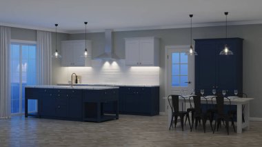Modern ev iç. İyi geceler. Akşam aydınlatma. 3D render.